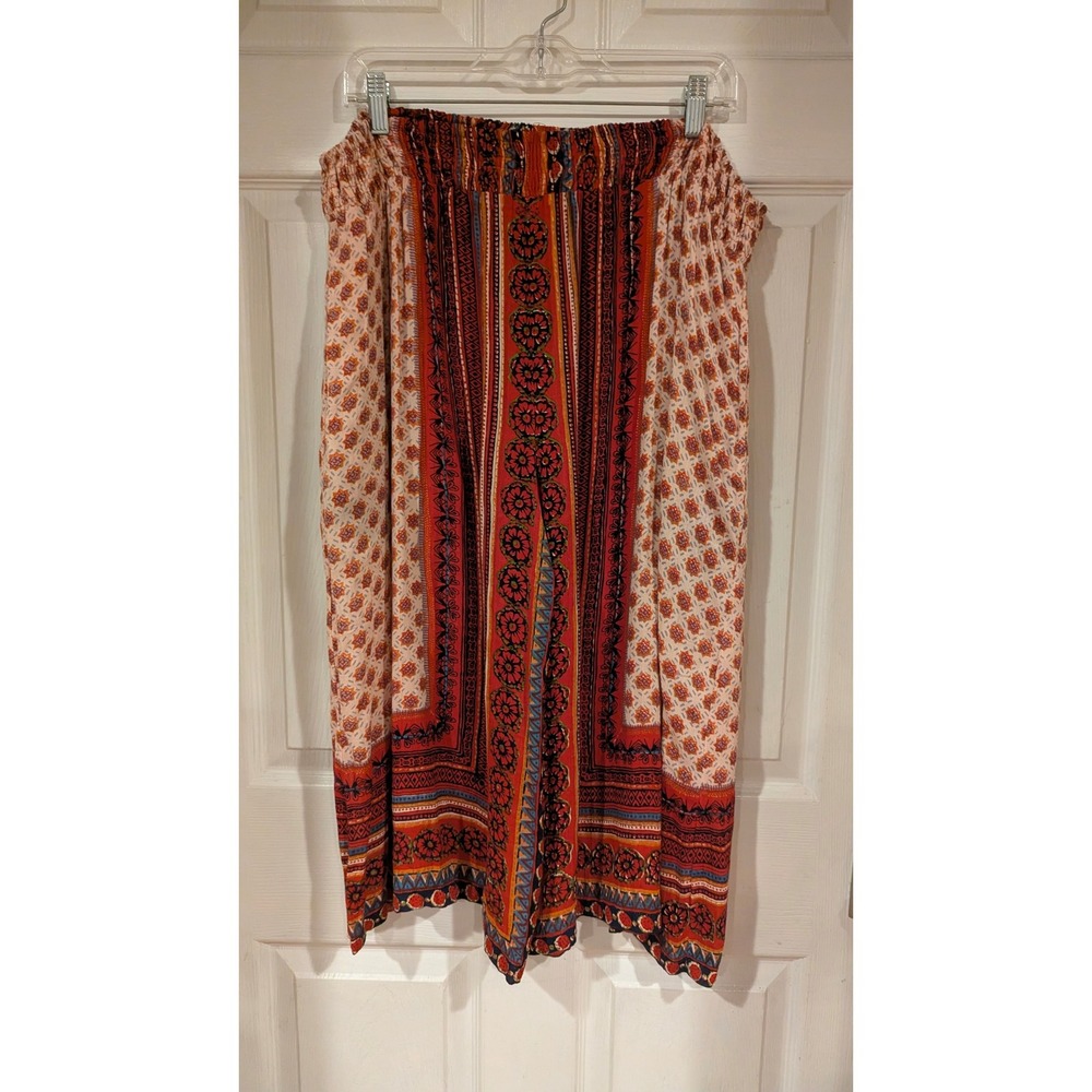 Angie Palazzo Pants XL Red Boho Wide Leg Smocked Rayon Flowy Festival Pockets